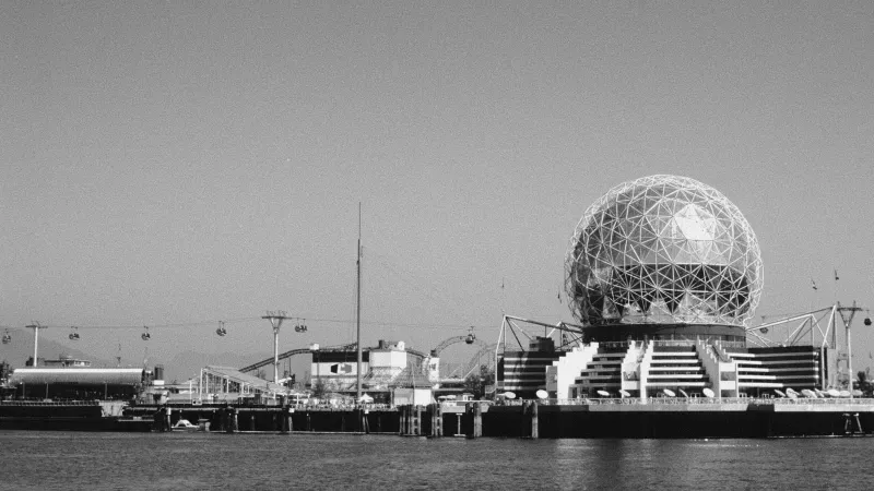 Historic photo of False Creek with Science World